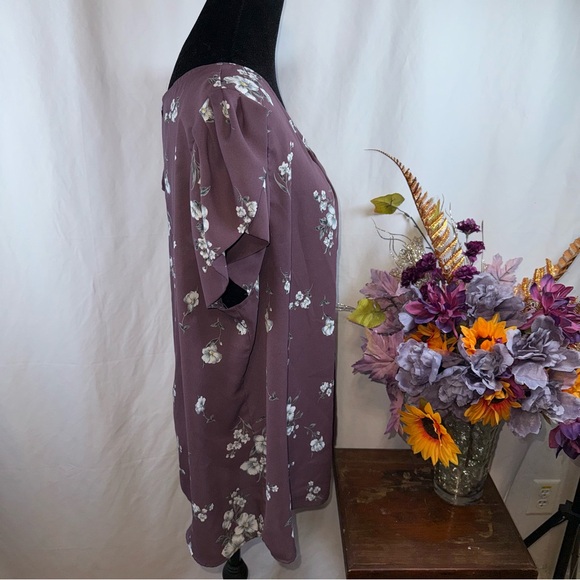 Papermoon Mauve Floral Blouse Puff Sleeve Keyhole Back Plus Size 2X - Picture 4 of 7